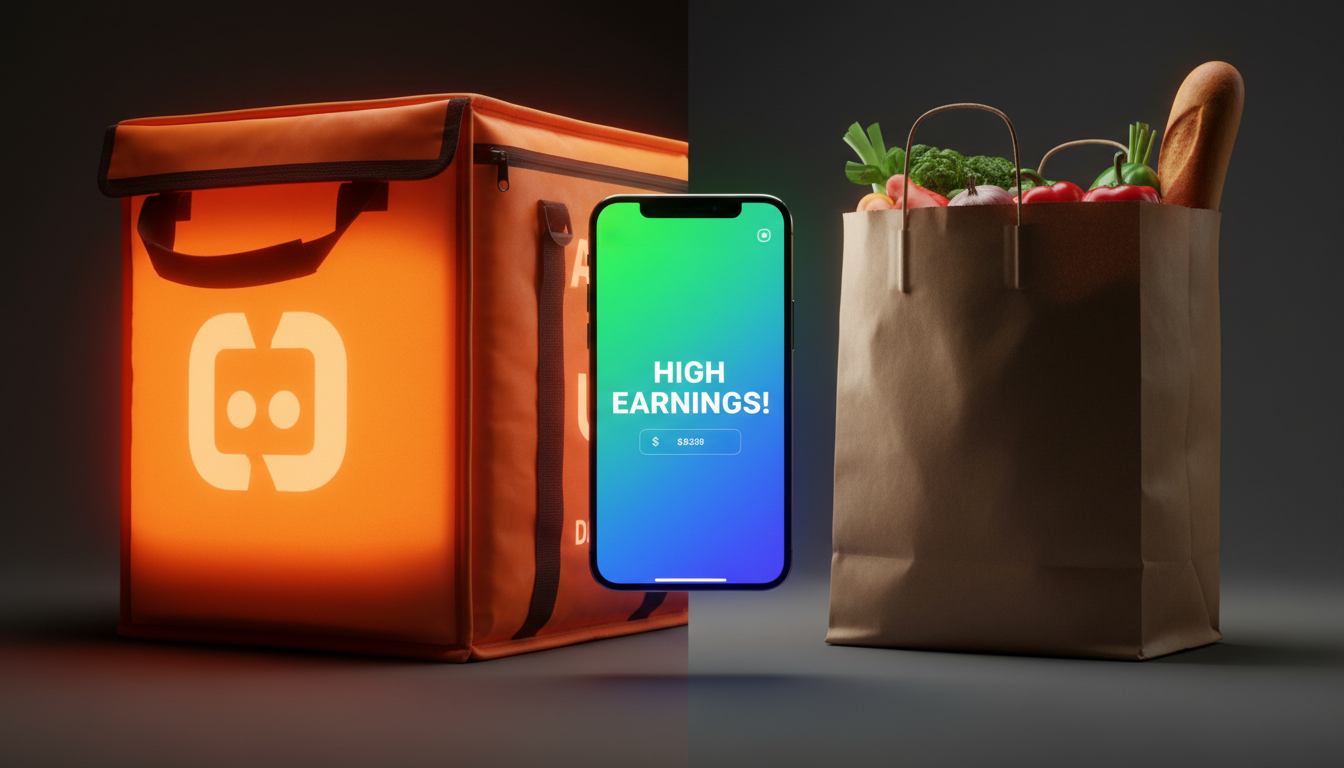 Smartphone displaying a high-earnings notification between a food delivery bag and a grocery bag