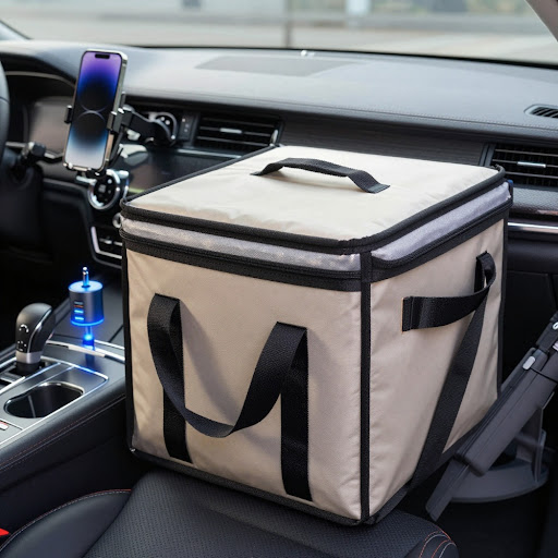 Professional delivery driver car setup with phone mount, charger, and thermal bag.
