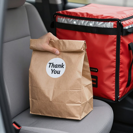 Delivery driver placing a thank you sticker on a sealed paper takeout bag